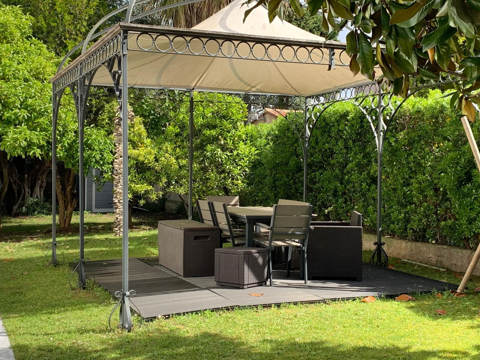 Garden lounge area with gazebo